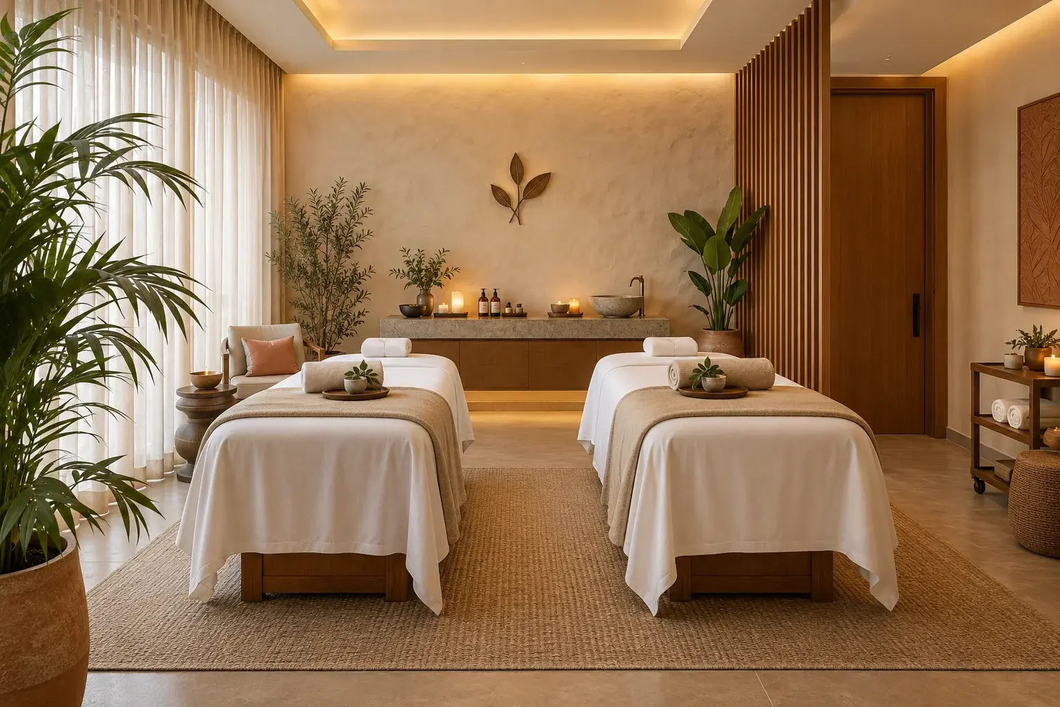 Couple treatment room with two prepared massage tables and warm botanical styling