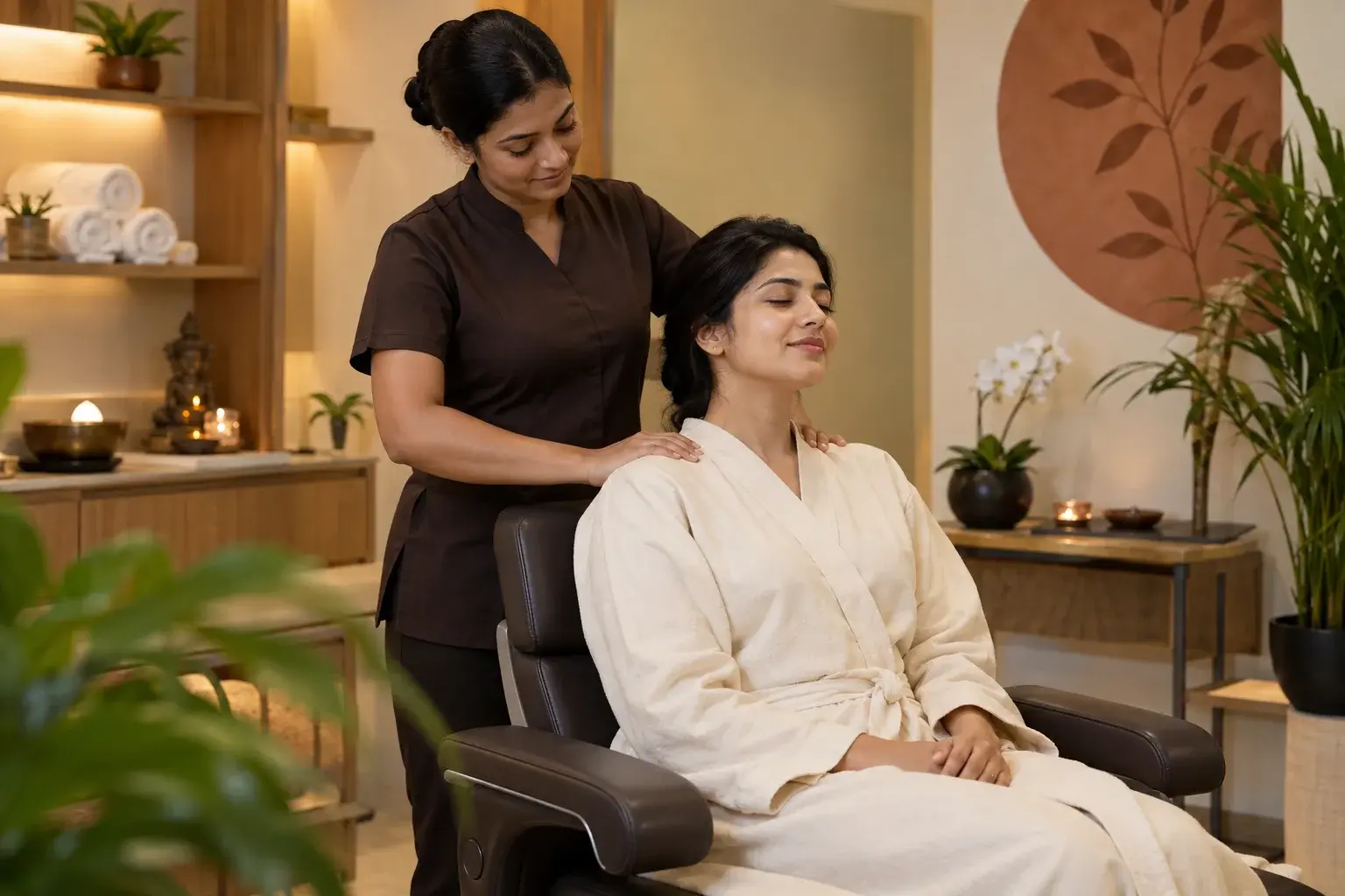 Uniformed therapist providing a seated head and shoulder wellness treatment