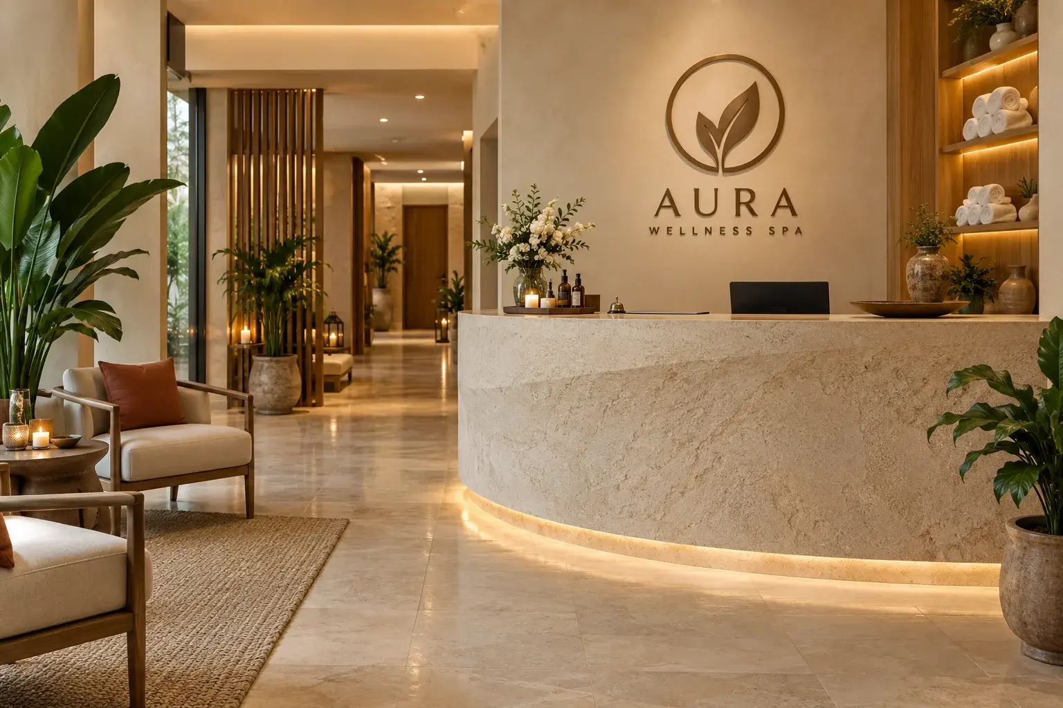 Aura Wellness Spa reception with natural plants, warm lighting and illuminated logo wall