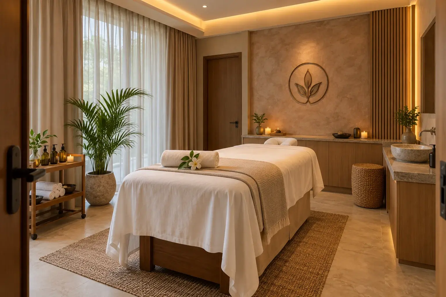 Private single spa treatment room prepared with towels and botanical details