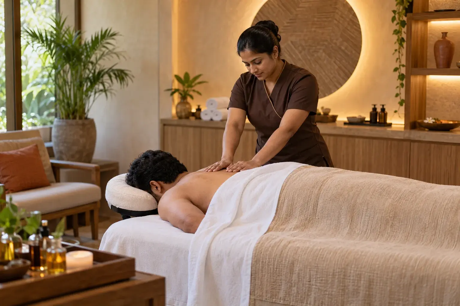 Uniformed professional therapist providing a massage in a calm treatment room